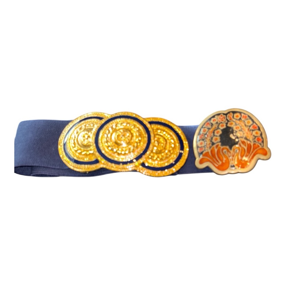 Nani Lewis Blue Large Gold Buckle Elastic Belt & Swan Buckle Vintage GB